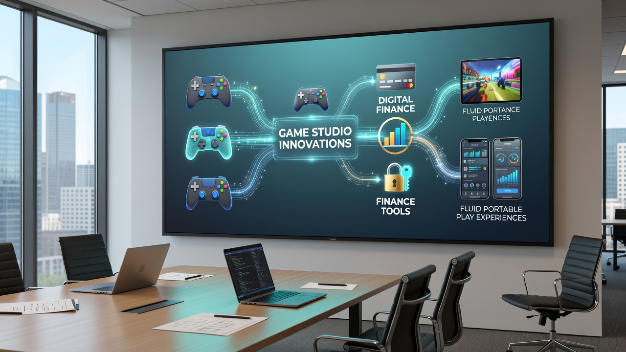 Illustration der Verbindung zwischen innovativen Spiel-Engines und mobilen Finanztools für nahtlose portable Nutzung