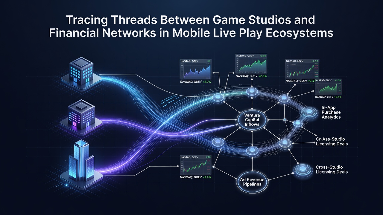 Darstellung von Datenflüssen zwischen Studios, Finanznetzwerken und Nutzern in mobilen Live-Spielen